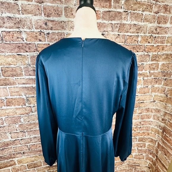 Aidan Mattox Teal Blue Satin V-Neck High-Low Midi Dress Bishop Sleeve Size 14 - Picture 10 of 16